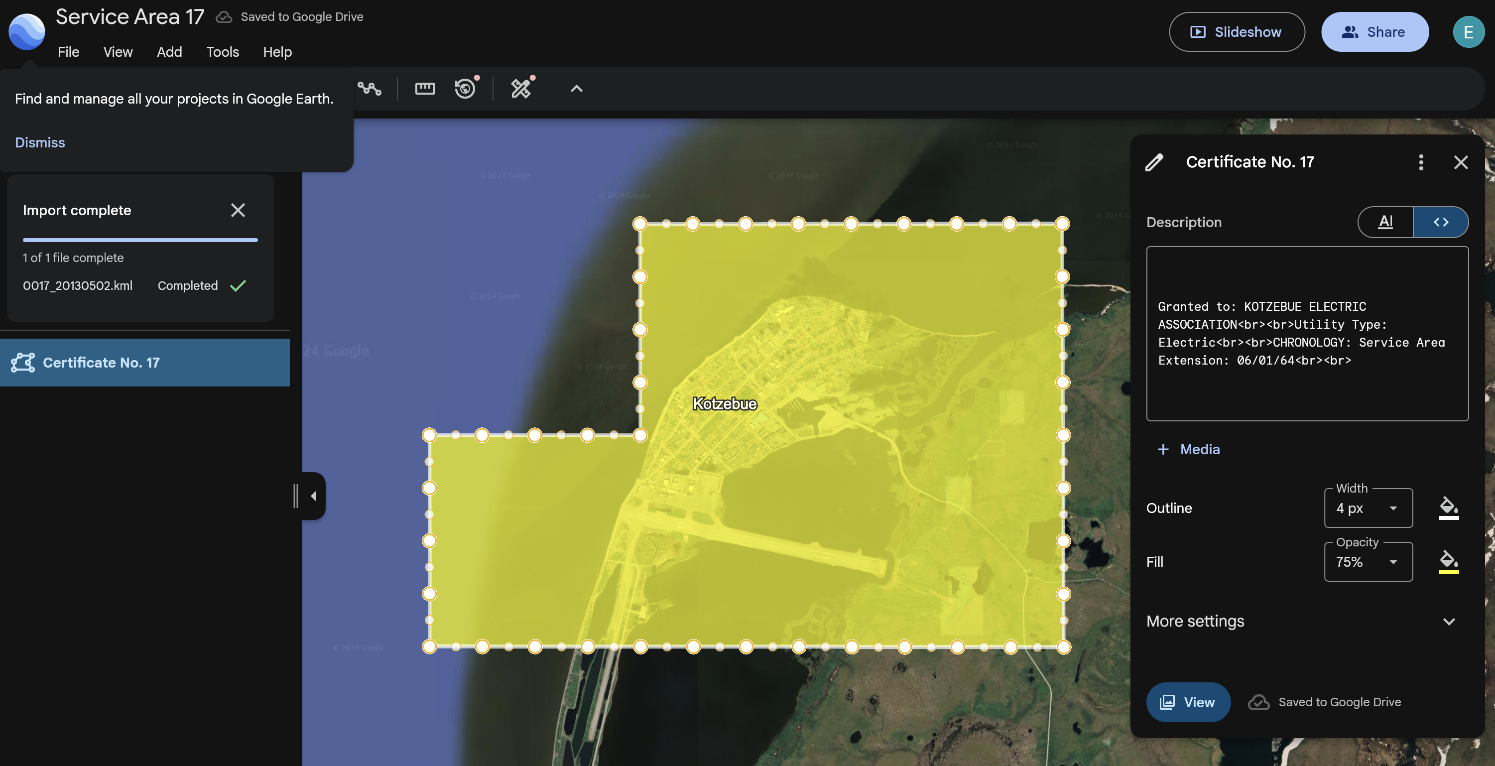 KEA's service area displayed in Google Earth